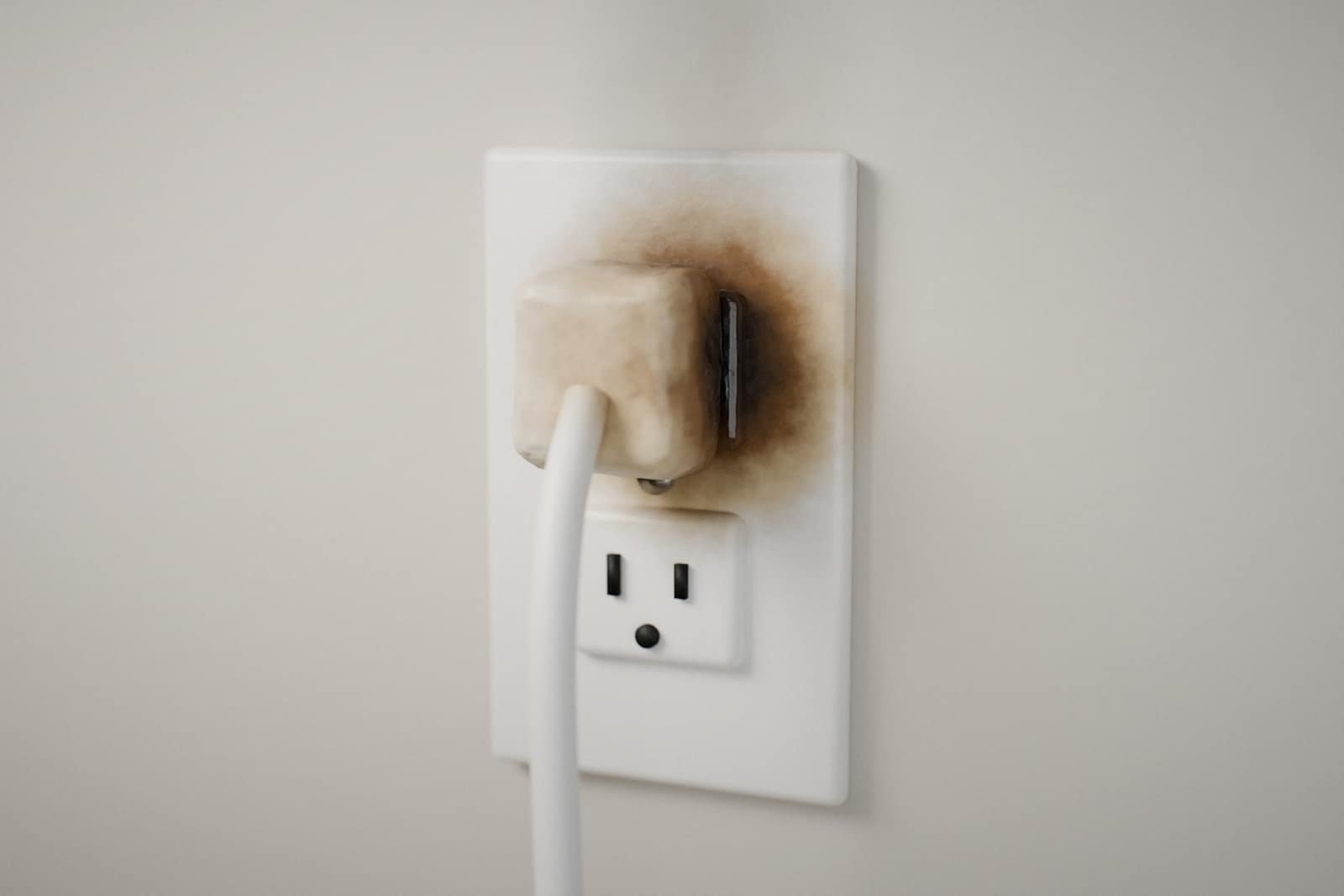 Scorched wall outlet with a melted, discolored plug in the upper receptacle