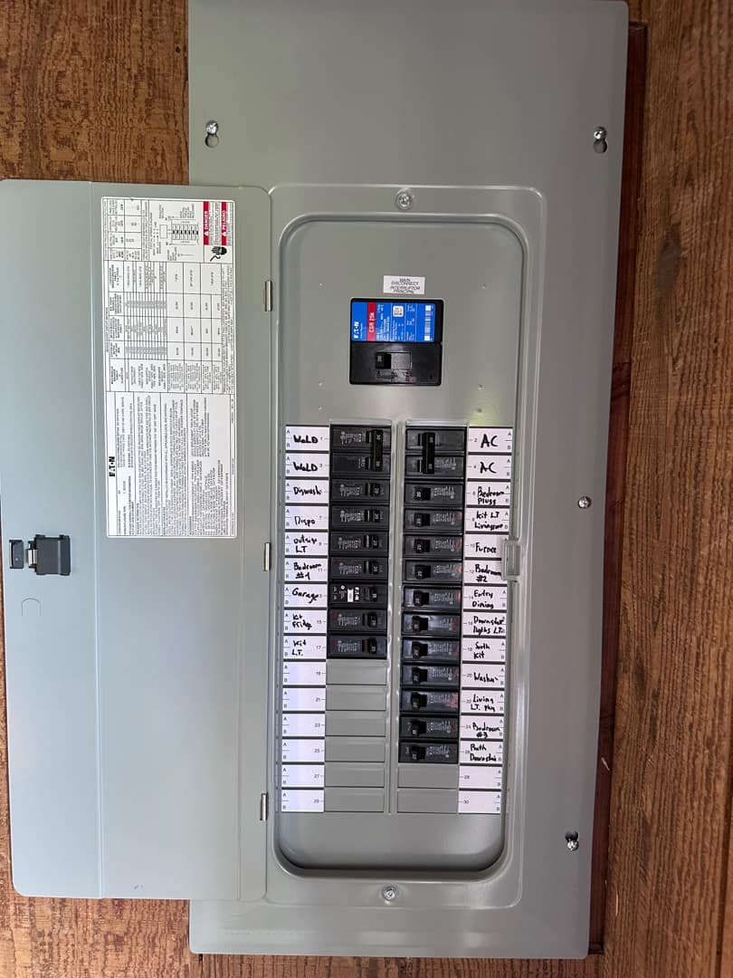 Residential electrical panel showing clearly labeled circuits and a main shut-off switch.