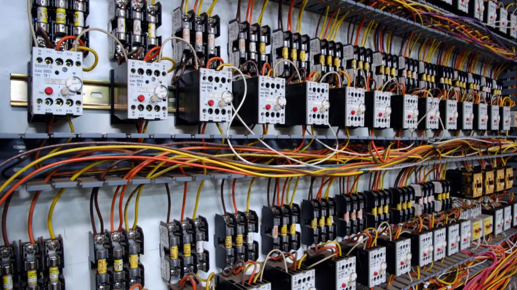 Commercial electrical panel showing circuit breakers and wiring.
Commercial electrical services